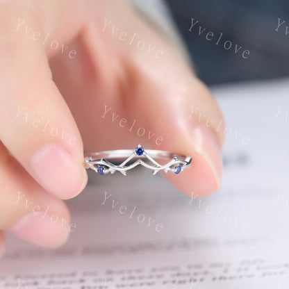 Minimalist Blue Sapphire Twig Engagement Ring,Twig Matching Band,Women Vine Band,Art Deco V Curved Branch Wedding Band,Sapphire Silver Ring