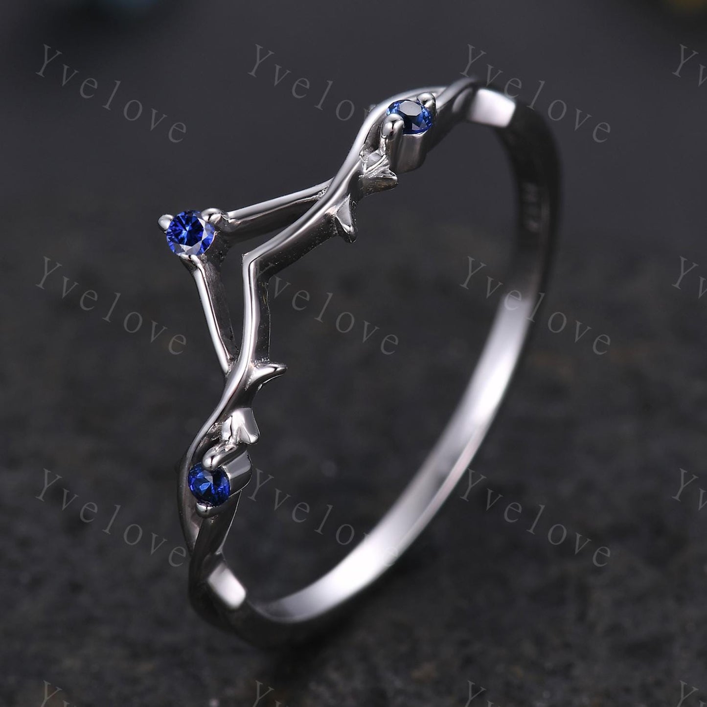 Minimalist Blue Sapphire Twig Engagement Ring,Twig Matching Band,Women Vine Band,Art Deco V Curved Branch Wedding Band,Sapphire Silver Ring