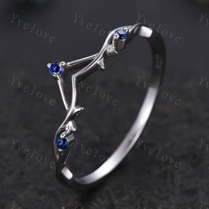 Minimalist Blue Sapphire Twig Engagement Ring,Twig Matching Band,Women Vine Band,Art Deco V Curved Branch Wedding Band,Sapphire Silver Ring
