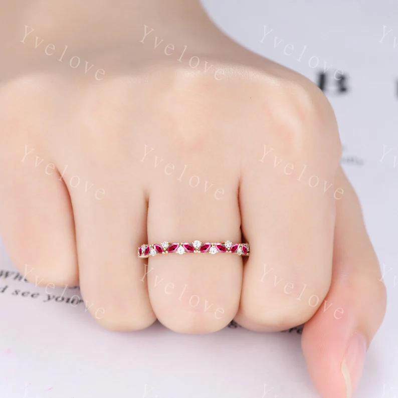 Marquise ruby wedding band vintage ruby ring yellow gold diamond antique unique stacking band anniversary promise ring matching band
