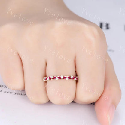 Marquise ruby wedding band vintage ruby ring yellow gold diamond antique unique stacking band anniversary promise ring matching band