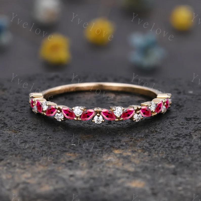 Marquise ruby wedding band vintage ruby ring yellow gold diamond antique unique stacking band anniversary promise ring matching band