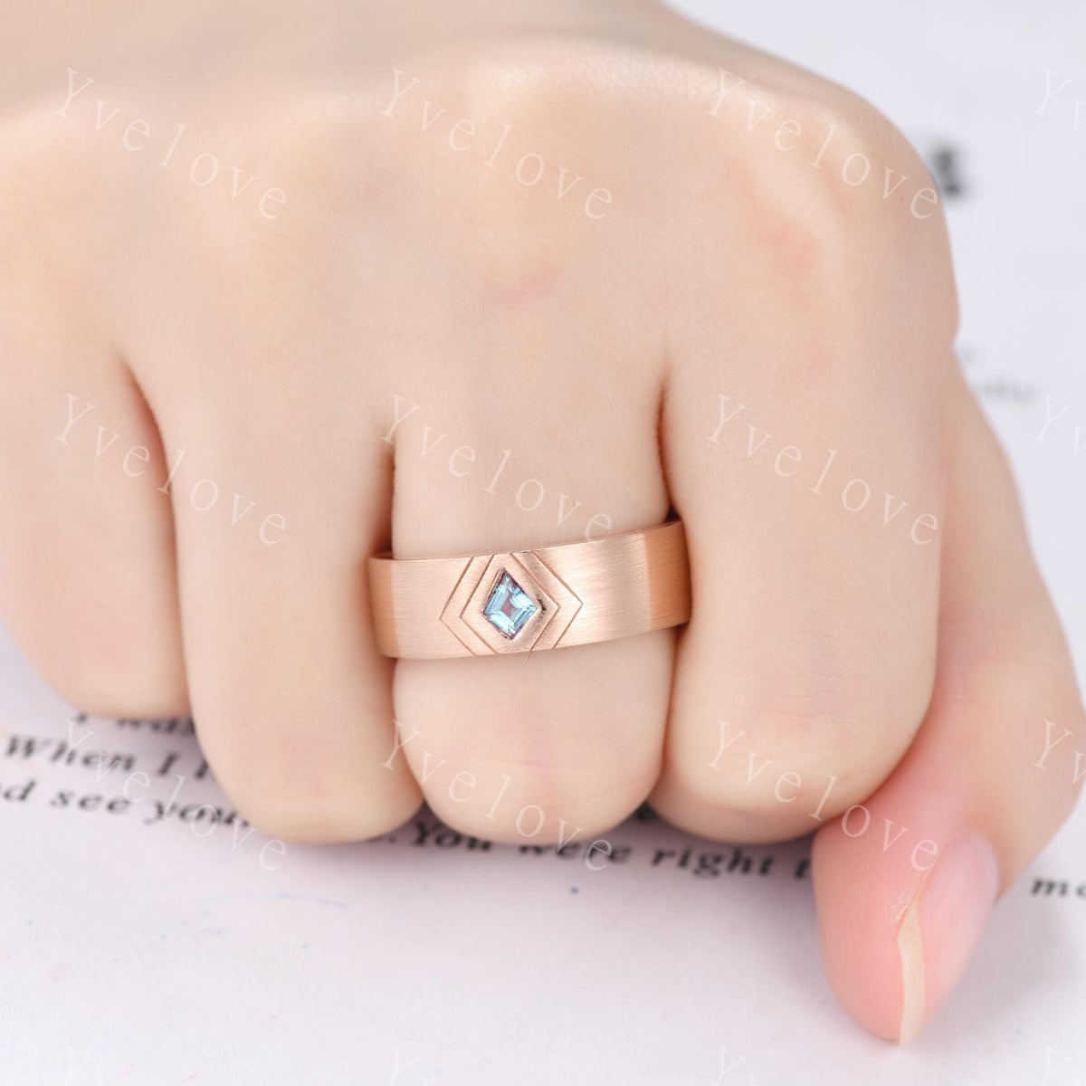 7mm Mens Kite Shaped Alexandrite Wedding Band Alexandrite Engagement Ring Satin Finish Band 14K Rose Gold Mens Stacking Band His Wedding band