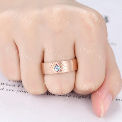 7mm Mens Kite Shaped Alexandrite Wedding Band Alexandrite Engagement Ring Satin Finish Band 14K Rose Gold Mens Stacking Band His Wedding band