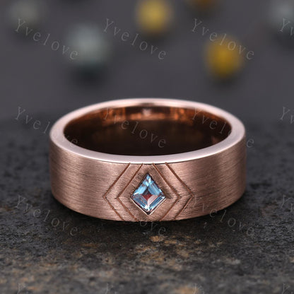 7mm Mens Kite Shaped Alexandrite Wedding Band Alexandrite Engagement Ring Satin Finish Band 14K Rose Gold Mens Stacking Band His Wedding band