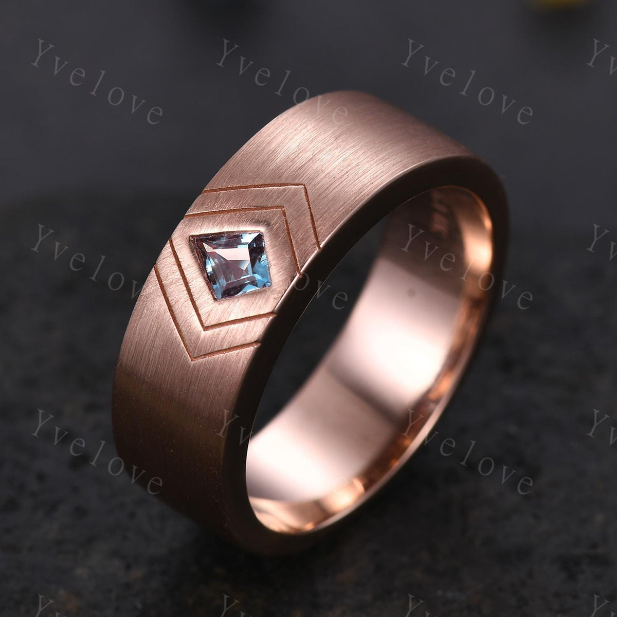 7mm Mens Kite Shaped Alexandrite Wedding Band Alexandrite Engagement Ring Satin Finish Band 14K Rose Gold Mens Stacking Band His Wedding band