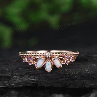 Vintage marquise opal wedding band women rose gold amethyst Multi-Stone Rings cluster unique anniversary ring gift