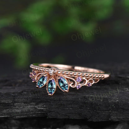 Crown marquise alexandrite wedding band rose gold antique amethyst ring women vintage stacking anniversary ring gift