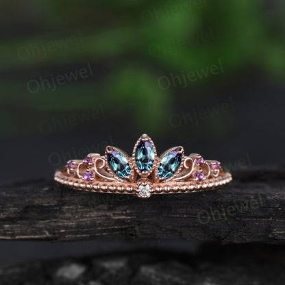 Crown marquise alexandrite wedding band rose gold antique amethyst ring women vintage stacking anniversary ring gift