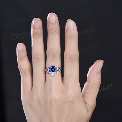 Vintage round cut blue sapphire engagement ring white gold five stone moon celtic knot opal stacking wedding anniversary ring set women