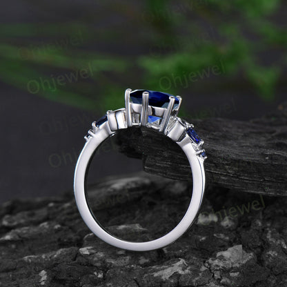Vintage round cut blue sapphire engagement ring white gold five stone moon celtic knot opal stacking wedding anniversary ring set women