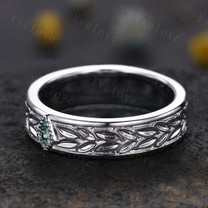 3/4 Eternity Kite Moss Agate Leaf Wedding Band Unisex Silver Black Ring Nature Inspired Promise Bridal Ring Custom Jewelry Rings For Men
