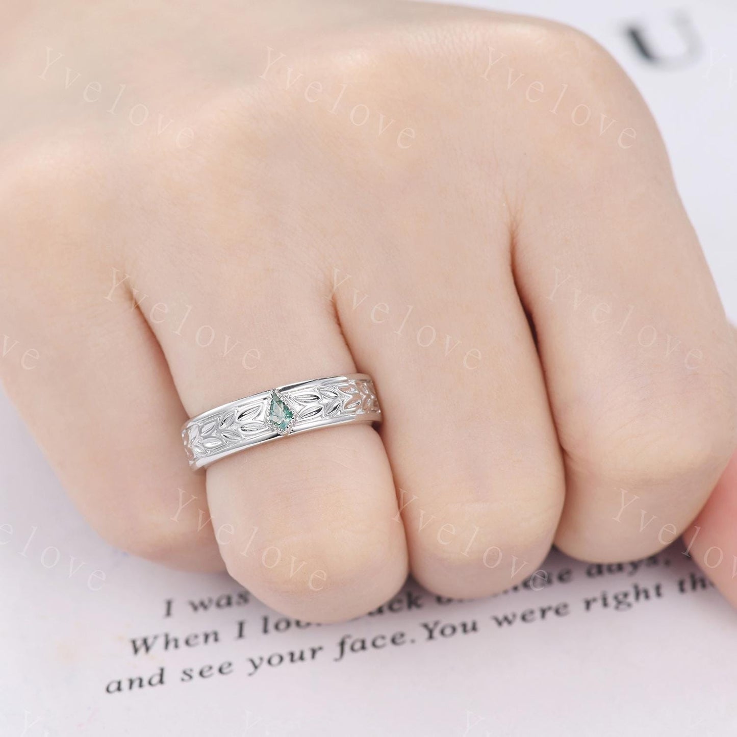 3/4 Eternity Kite Moss Agate Leaf Wedding Band Unisex Silver Black Ring Nature Inspired Promise Bridal Ring Custom Jewelry Rings For Men