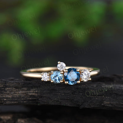 Dainty round London blue topaz ring yellow gold five stone cluster Swiss blue topaz moissanite ring women blue gemstone wedding ring band