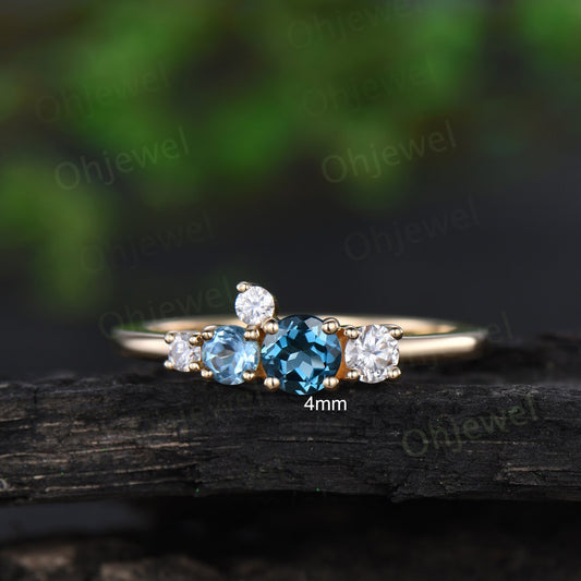 Dainty round London blue topaz ring yellow gold five stone cluster Swiss blue topaz moissanite ring women blue gemstone wedding ring band