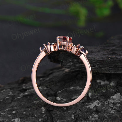 Vintage kite cut red ruby engagement ring set rose gold three stone alexandrite moon stacking bridal wedding ring set women jewelry gift