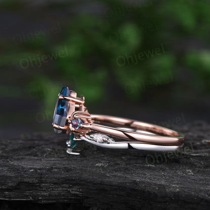 Vintage kite cut alexandrite engagement ring set solid 14k rose gold three stone moon stacking bridal wedding ring set women jewelry gift