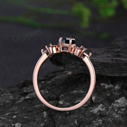 Vintage kite cut black onyx engagement ring set solid 14k rose gold three stone moon stacking bridal wedding ring set women jewelry gift