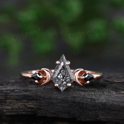Vintage kite cut black rutilated quartz engagement ring set solid 14k rose gold three stone moon stacking bridal wedding ring set women gift