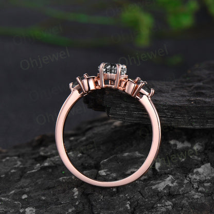 Vintage kite cut black rutilated quartz engagement ring set solid 14k rose gold three stone moon stacking bridal wedding ring set women gift