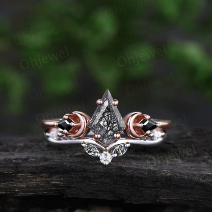 Vintage kite cut black rutilated quartz engagement ring set solid 14k rose gold three stone moon stacking bridal wedding ring set women gift