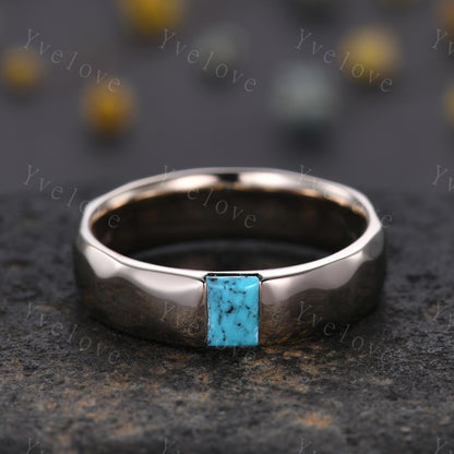 Ancient Mens Turquoise Wedding Band Baguette Cut Turquoise Band Unique Mens Hammered Stacking Matching Band Vintage Retro Ring Gift For Him