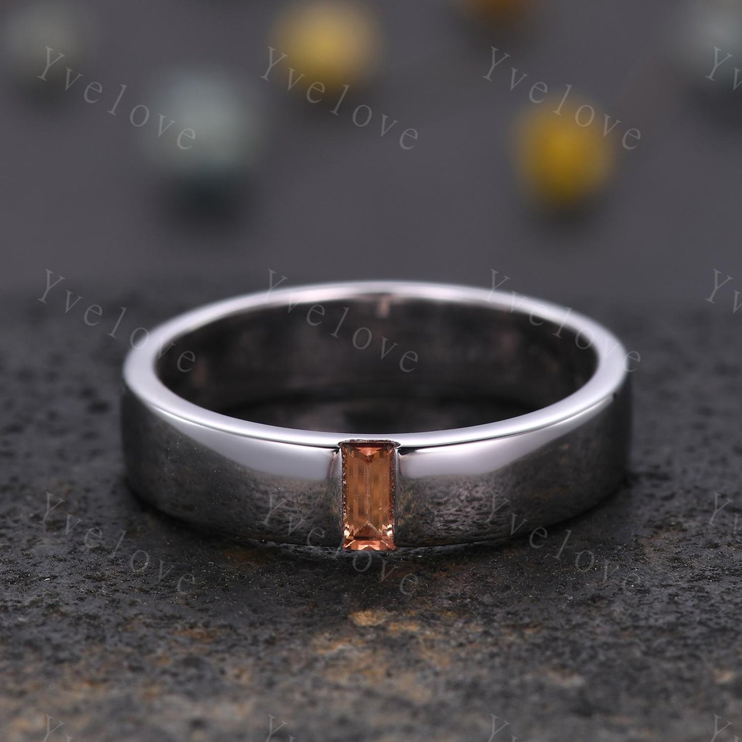 Mens Orange Sapphire Wedding Band Baguette Cut Sapphire Band 5mm White Gold Ring Mens Stacking Matching Band Retro Ring Gift For Boyfriend