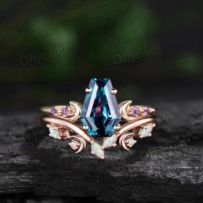 Coffin alexandrite ring moon opal wedding ring set art deco five stone unique engagement ring women yellow gold anniversary ring gift