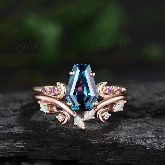 Coffin alexandrite ring moon opal wedding ring set art deco five stone unique engagement ring women yellow gold anniversary ring gift