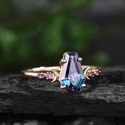 Coffin alexandrite ring moon opal wedding ring set art deco five stone unique engagement ring women yellow gold anniversary ring gift