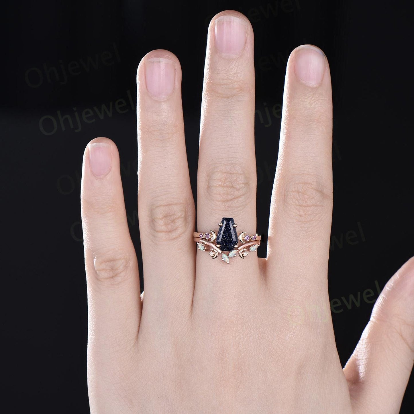 Coffin blue sandstone ring vintage opal wedding ring set moon five stone unique engagement ring women yellow gold anniversary ring gift
