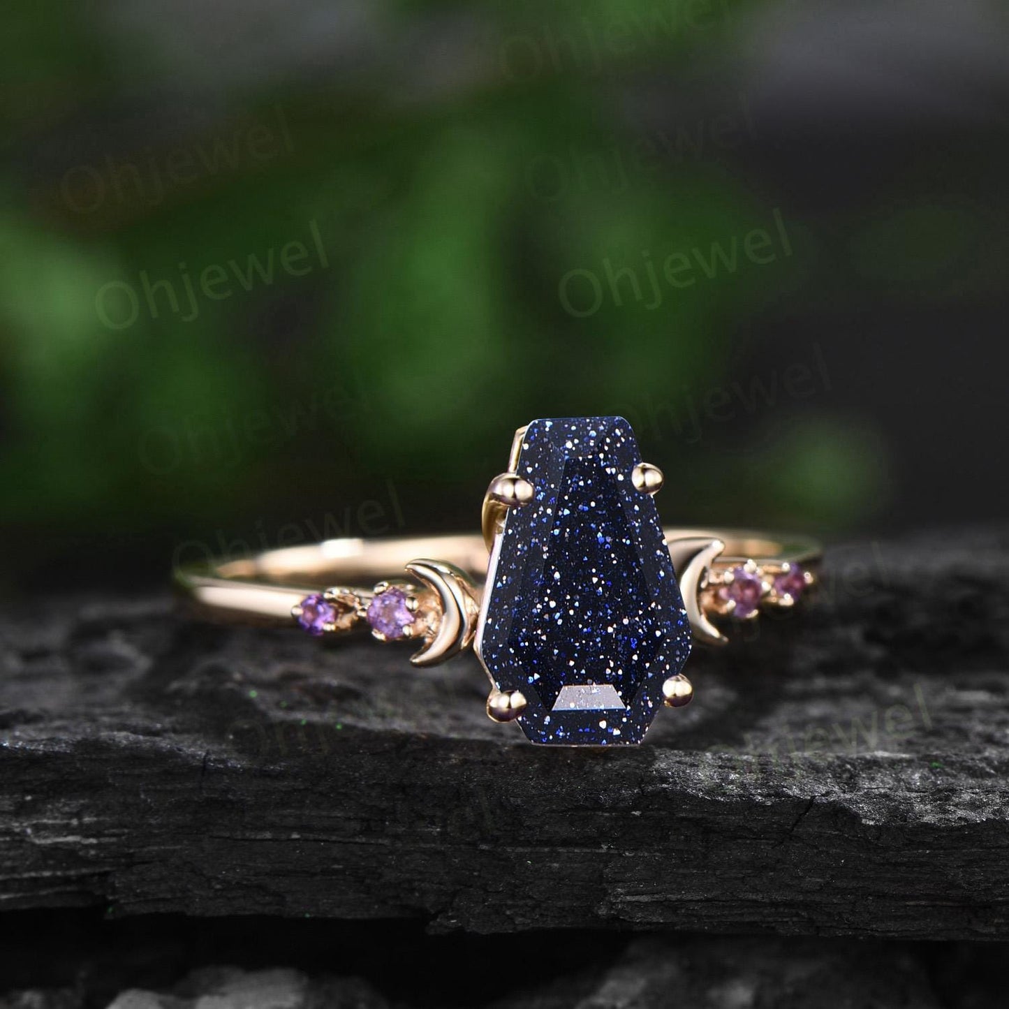 Coffin blue sandstone ring vintage opal wedding ring set moon five stone unique engagement ring women yellow gold anniversary ring gift