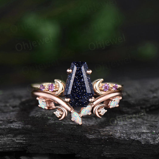 Coffin blue sandstone ring vintage opal wedding ring set moon five stone unique engagement ring women yellow gold anniversary ring gift
