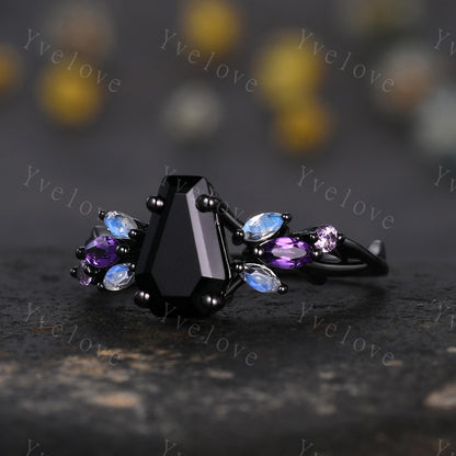 Vintage Coffin Black Onyx Engagement Ring,14k Black Gold,Twig Amethyst Moonstone Ring,Women Bridal Ring,Retro Promise Ring For Her Custom