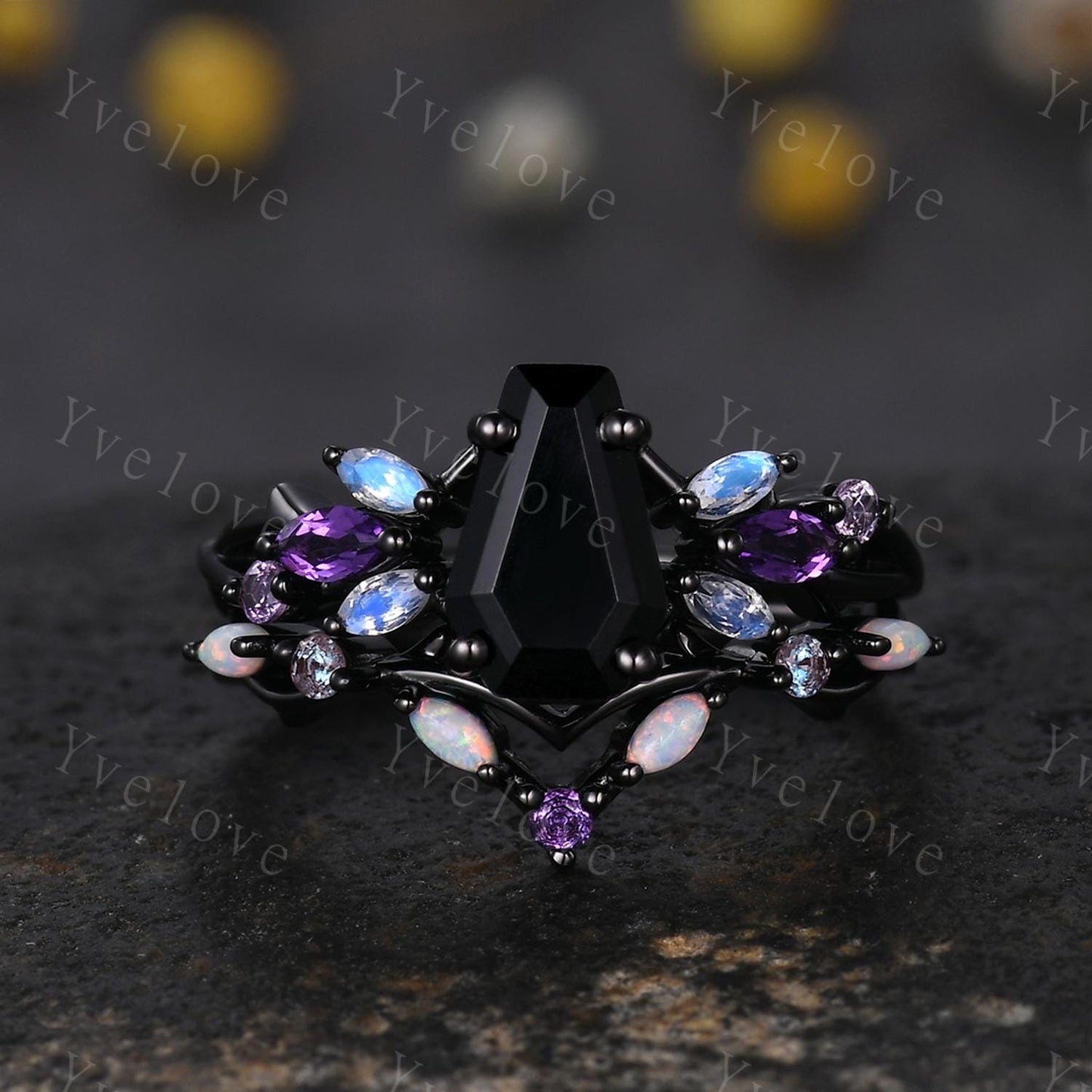 Vintage Coffin Black Onyx Engagement Ring,14k Black Gold,Twig Amethyst Moonstone Ring,Women Bridal Ring,Retro Promise Ring For Her Custom