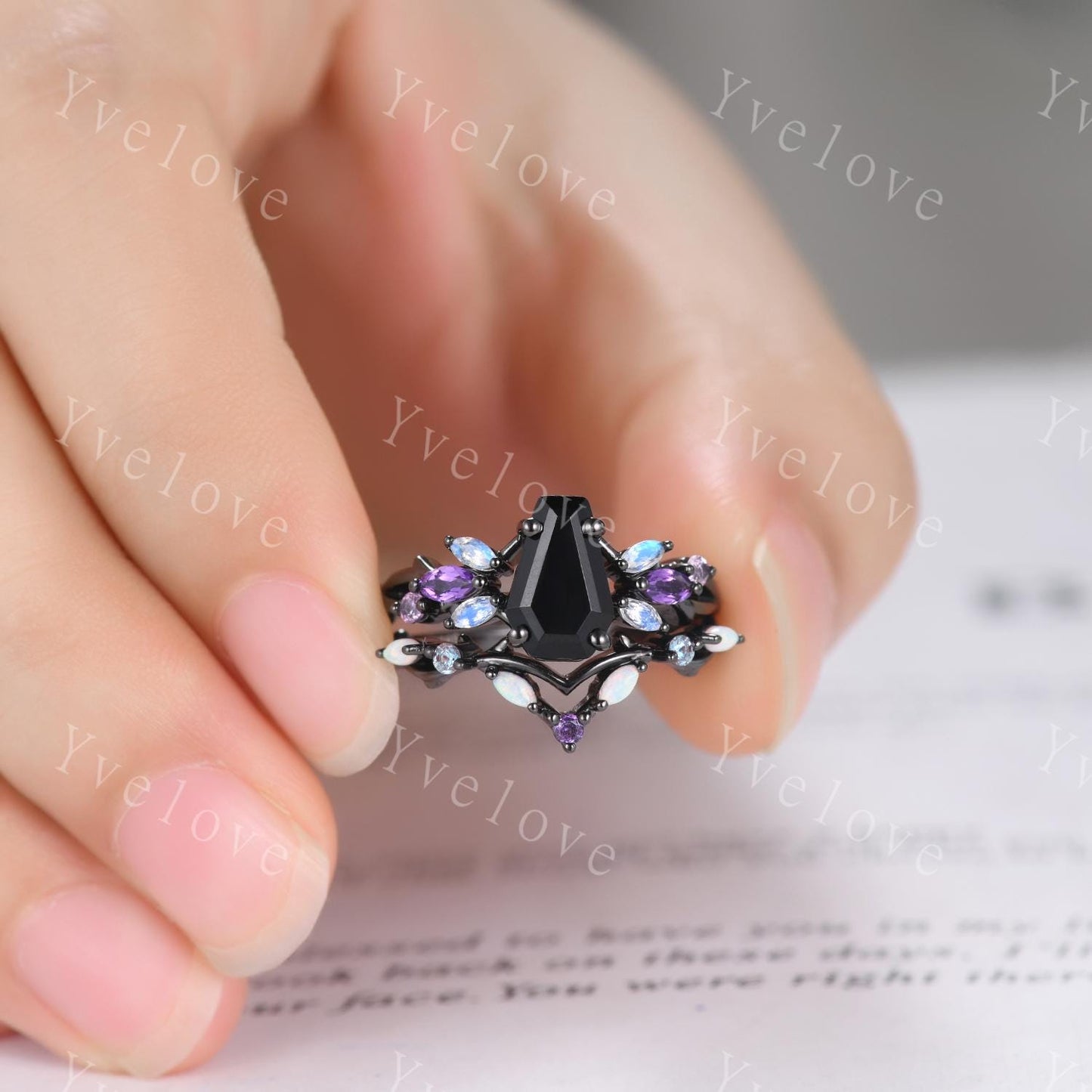 Vintage Coffin Black Onyx Engagement Ring,14k Black Gold,Twig Amethyst Moonstone Ring,Women Bridal Ring,Retro Promise Ring For Her Custom
