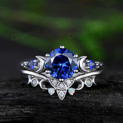 Vintage round cut blue sapphire engagement ring white gold five stone moon celtic knot opal stacking wedding anniversary ring set women