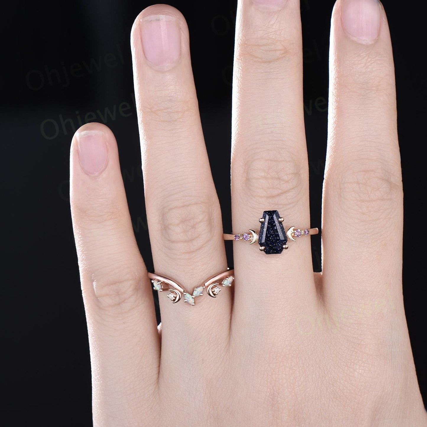 Coffin blue sandstone ring vintage opal wedding ring set moon five stone unique engagement ring women yellow gold anniversary ring gift