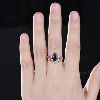 Coffin blue sandstone ring vintage opal wedding ring set moon five stone unique engagement ring women yellow gold anniversary ring gift