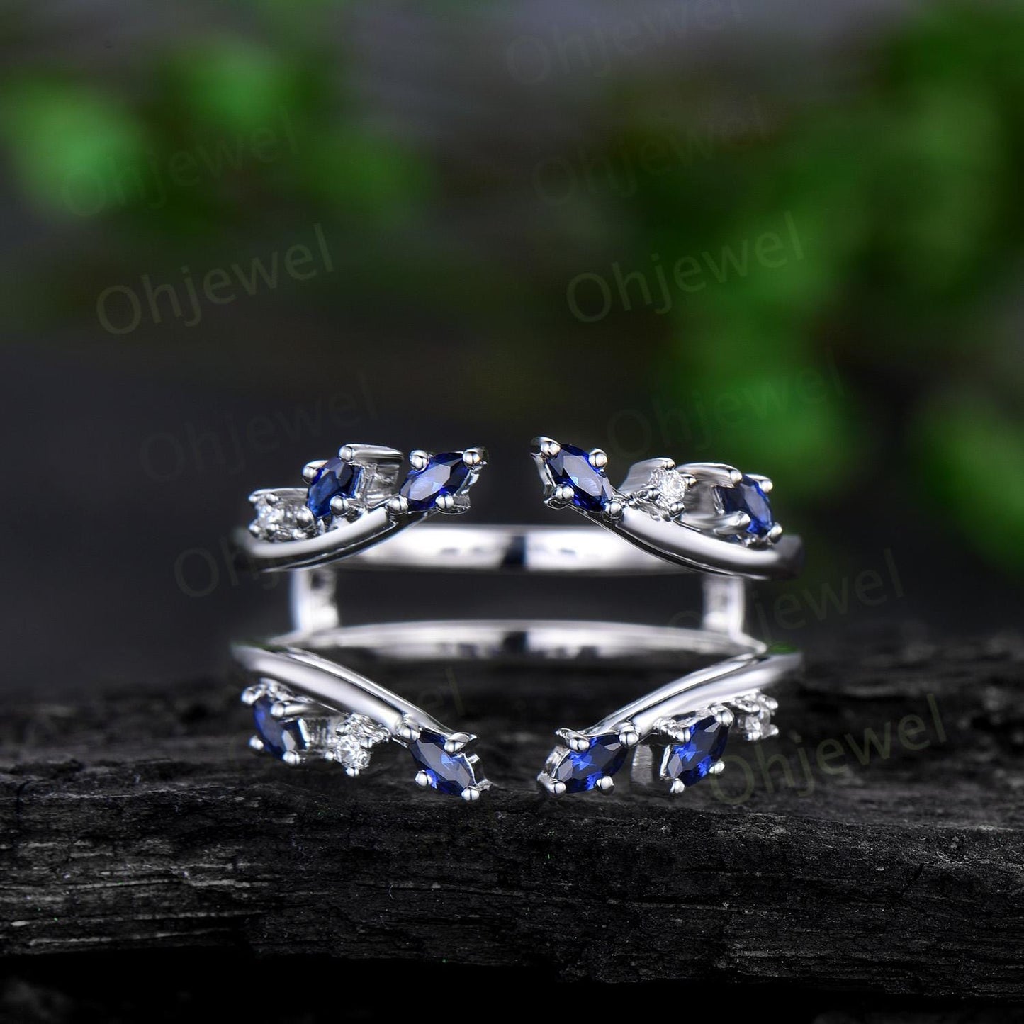 Open gap natural sapphire wedding band enhancer Nesting double curved diamond wedding band women white gold anniversary ring gift