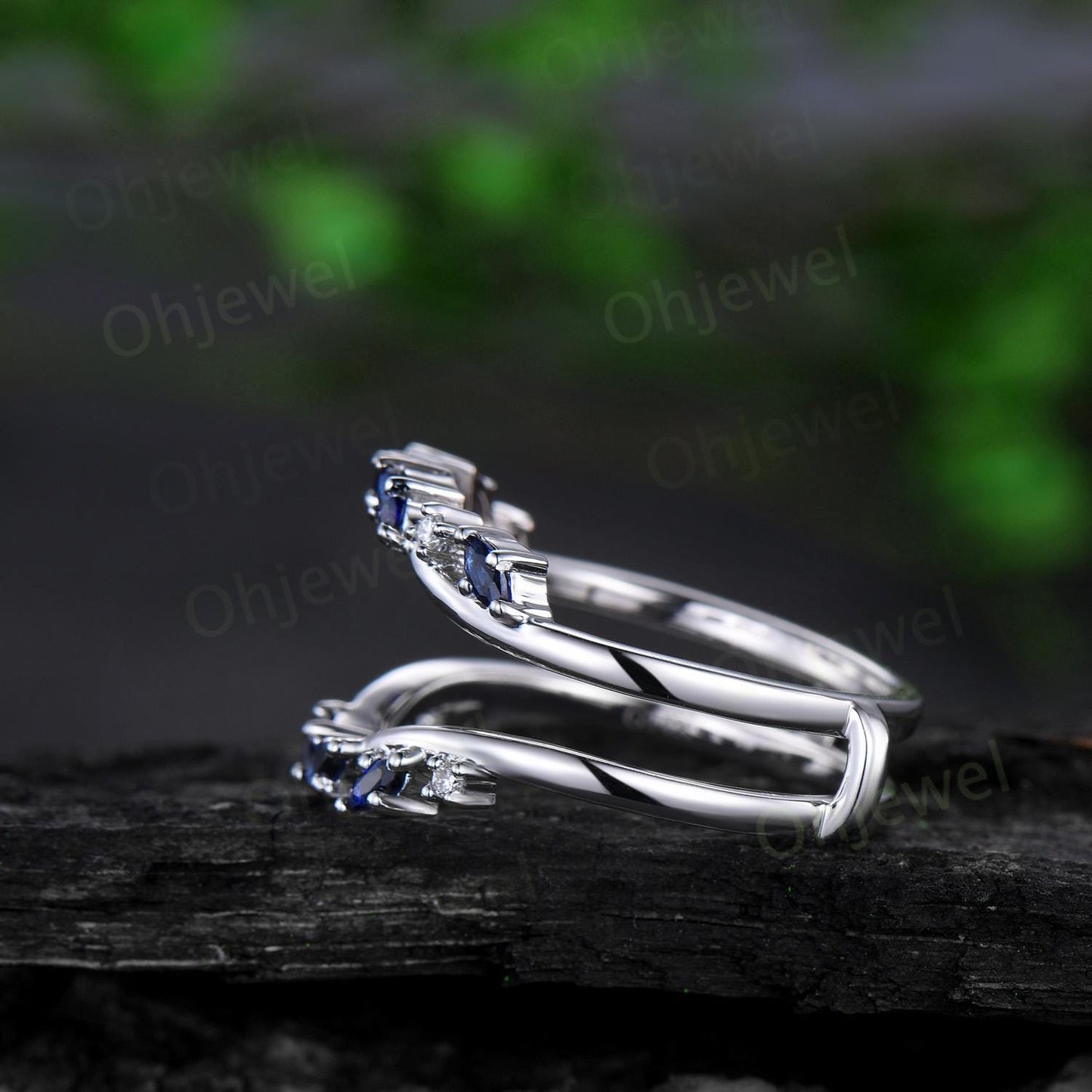 Open gap natural sapphire wedding band enhancer Nesting double curved diamond wedding band women white gold anniversary ring gift