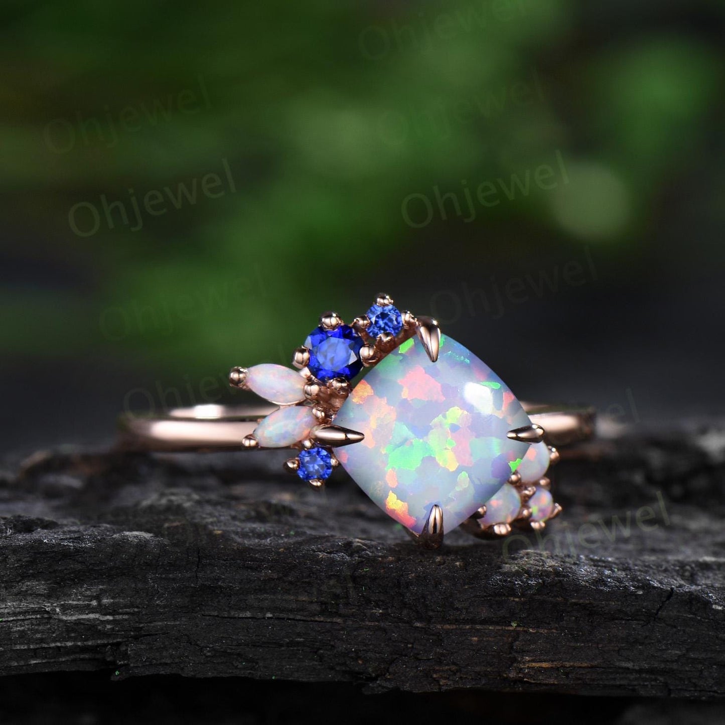 Cushion white opal ring rose gold vintage sapphire cluster unique engagement ring women square opal bridal anniversary ring gift jewelry