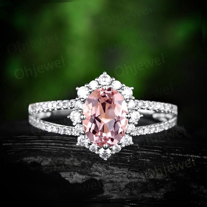 Oval cut morganite engagement ring vintage halo split shank half eternity diamond ring rose gold unique promise bridal ring jewelry gift