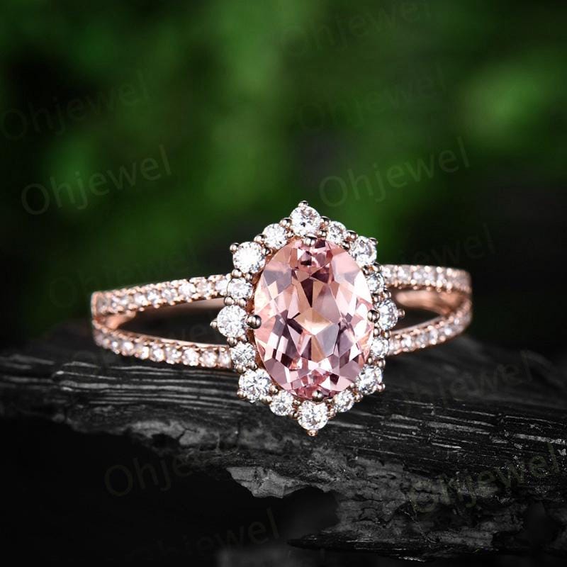 Oval cut morganite engagement ring vintage halo split shank half eternity diamond ring rose gold unique promise bridal ring jewelry gift