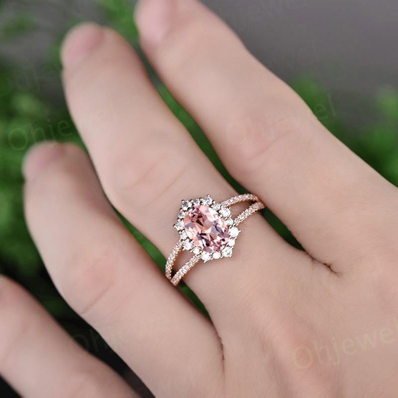 Oval cut morganite engagement ring vintage halo split shank half eternity diamond ring rose gold unique promise bridal ring jewelry gift