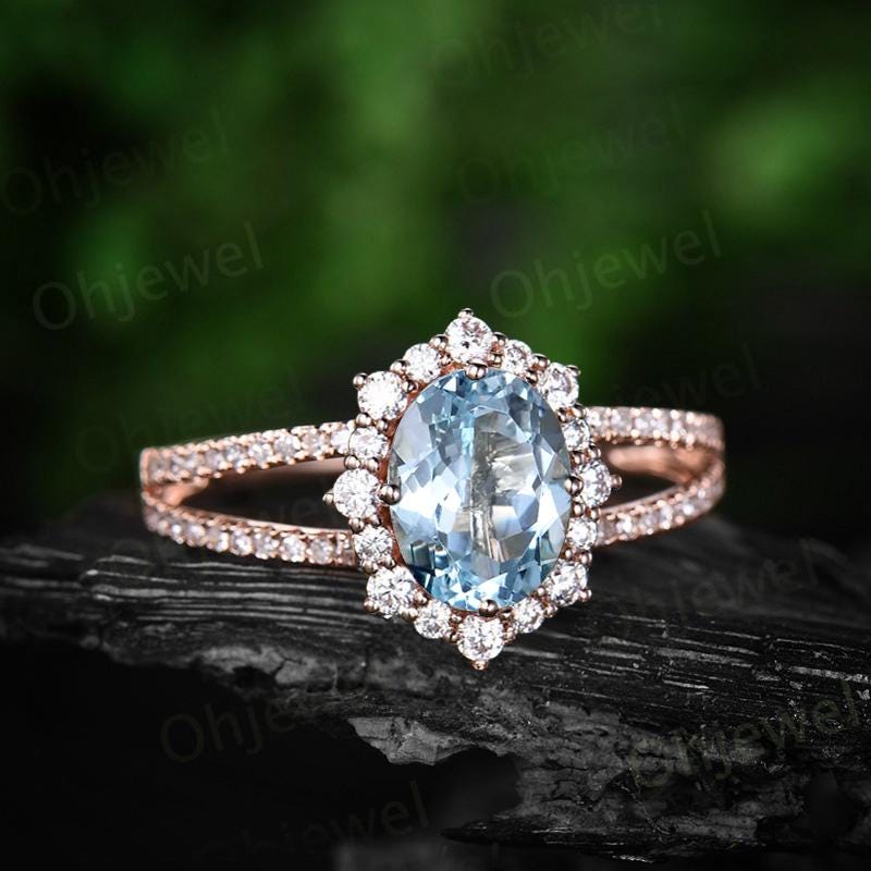 Oval cut aquamarine engagement ring vintage halo split shank half eternity diamond ring rose gold unique promise bridal ring jewelry gift