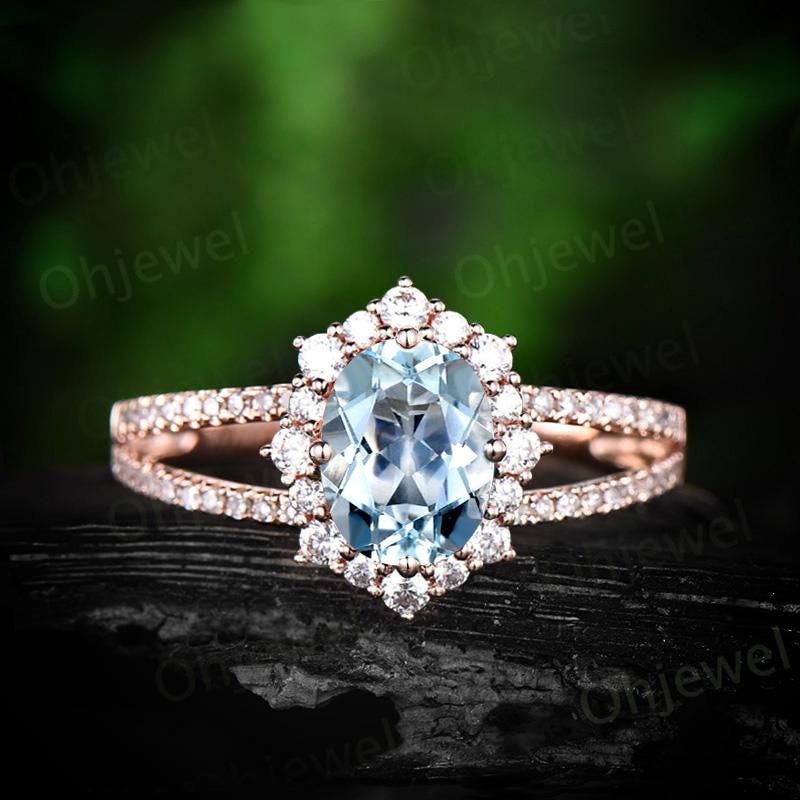 Oval cut aquamarine engagement ring vintage halo split shank half eternity diamond ring rose gold unique promise bridal ring jewelry gift