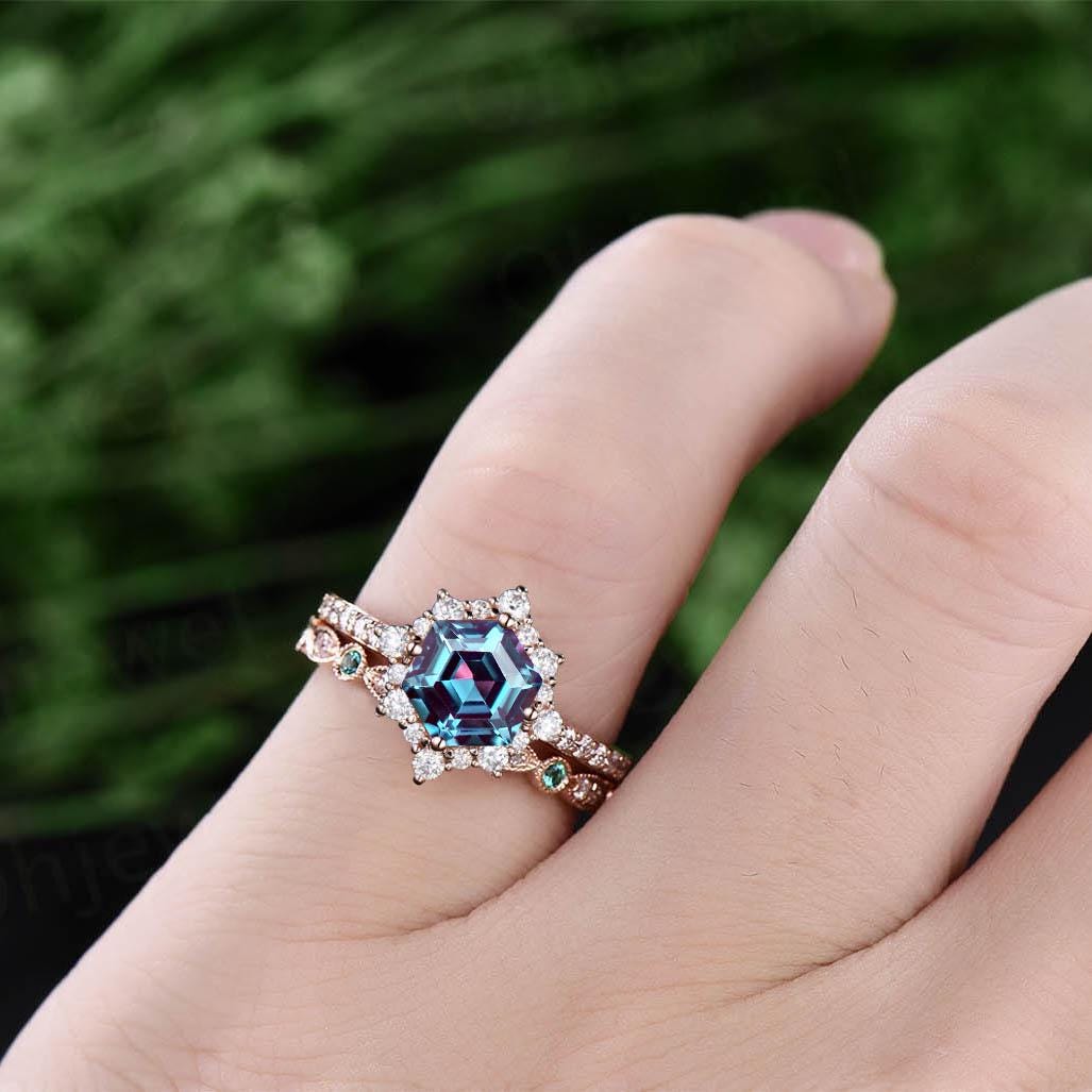 Hexagon cut Alexandrite engagement ring set vintage milgrain halo diamond ring women half eternity snowdrift moissanite bridal ring set