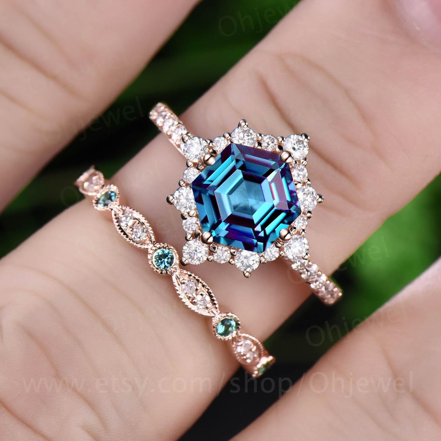 Hexagon cut Alexandrite engagement ring set vintage milgrain halo diamond ring women half eternity snowdrift moissanite bridal ring set