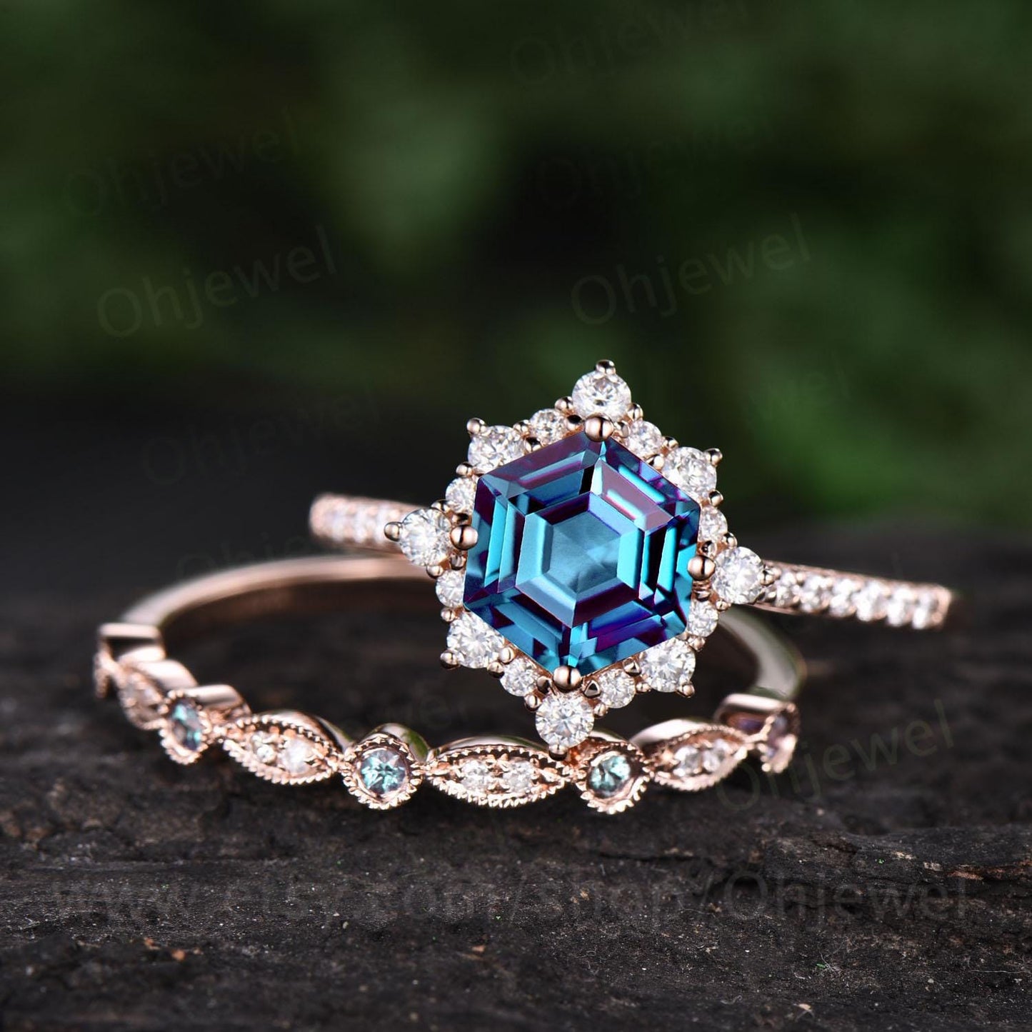 Hexagon cut Alexandrite engagement ring set vintage milgrain halo diamond ring women half eternity snowdrift moissanite bridal ring set